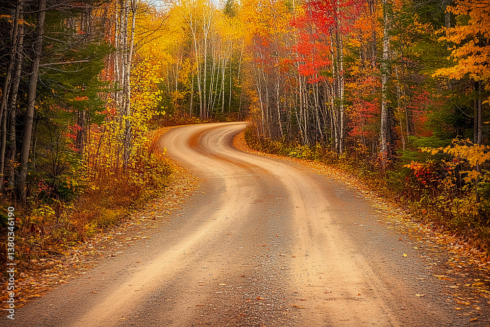 Forest road disappearing into a canopy of autumn foliage with warm golden-hour light. Forest road disappearing into a canopy of autumn foliage with warm golden-hour light.