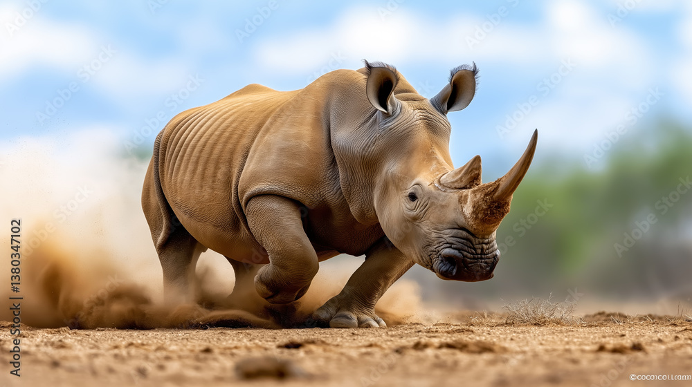 Fototapeta premium Rhino charging across the dry savannah during golden hour