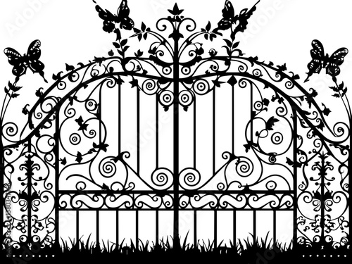 Fantasy mythological wrought iron gates in SVG and vector formats. Ornate Garden Gate with Butterflies and Floral Design Elements