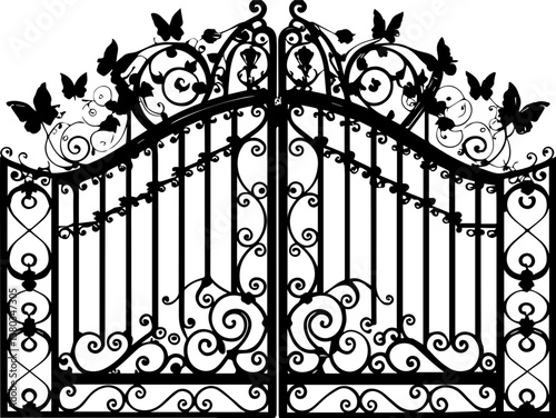 Fantasy mythological wrought iron gates in SVG and vector formats. Elegant Antique Gate with Butterfly and Floral Design Silhouette