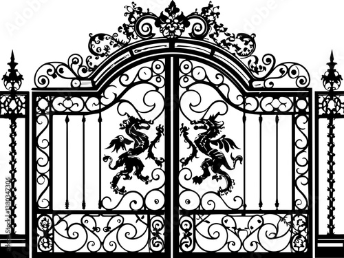 Fantasy mythological wrought iron gates in SVG and vector formats. Ornate Iron Gate with Decorative Design and Lion Details