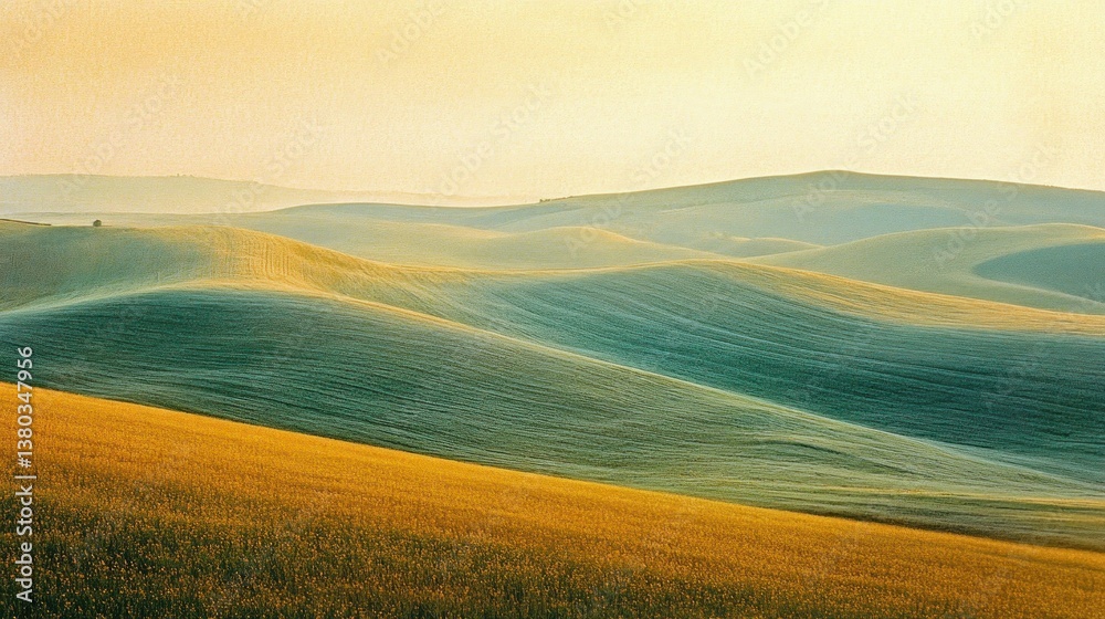 Obraz premium Rolling fields with crops and a distant hazy sky