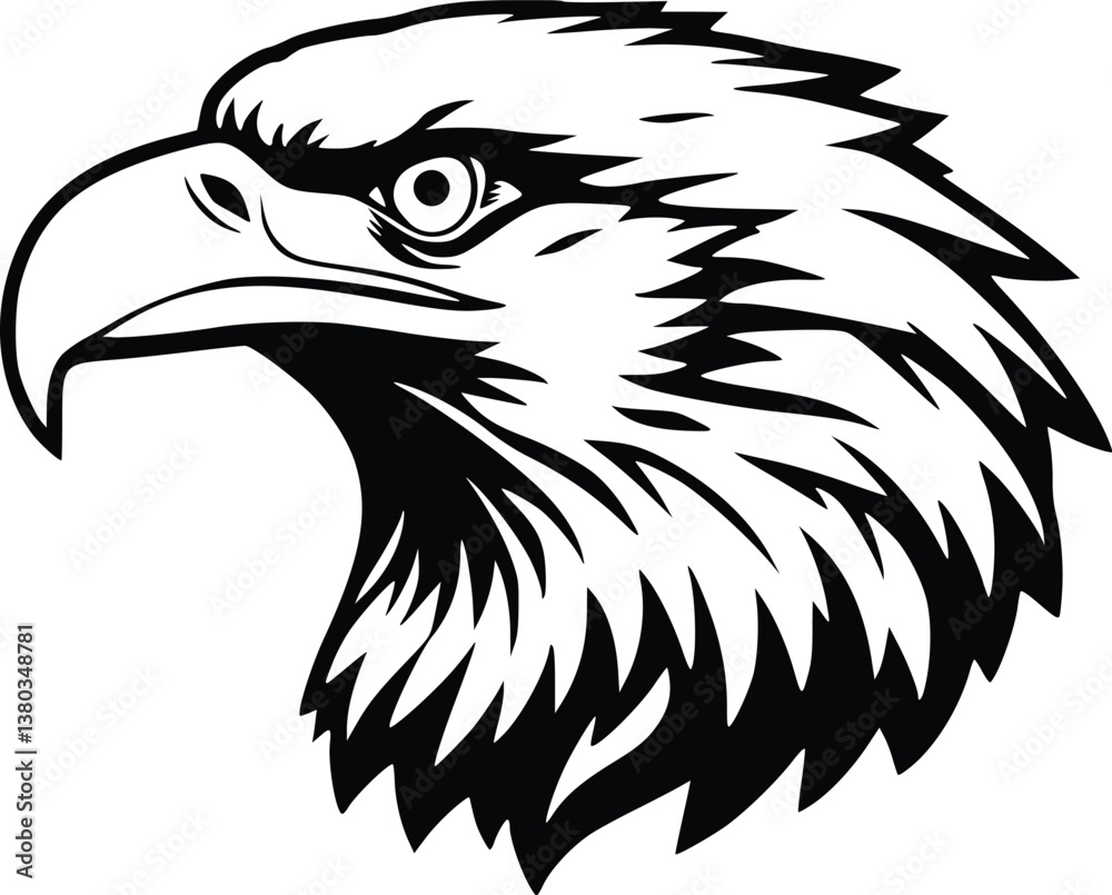 Obraz premium A black-and-white illustration of an eagle’s head in profile, showcasing sharp features, intense eyes, and bold layered feathers