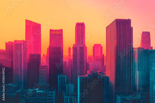 A city skyline in risograph print, where buildings have exaggerated proportions, heavy ink textures, and vibrant, eye catching color transitions.