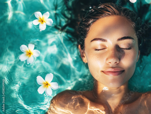 Woman relaxes in clear water with flowers floating nearby