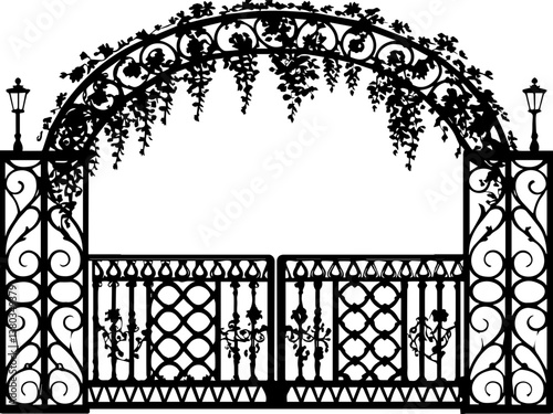Garden entrance wrought iron gates in SVG and vector formats.Elegant Garden Archway with Floral Designs and Lanterns