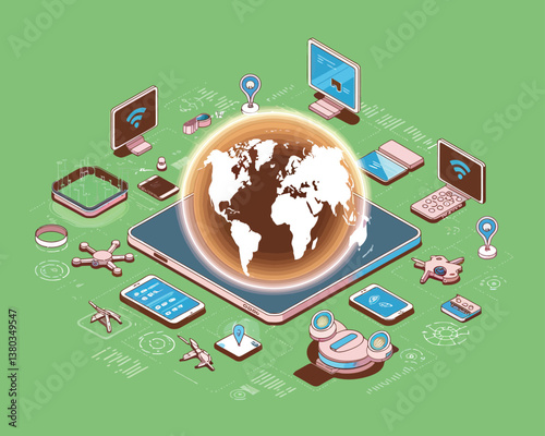 vector illustrative poster that celebrates global communication technology . Showcase a world travel by advanced communication systems.
