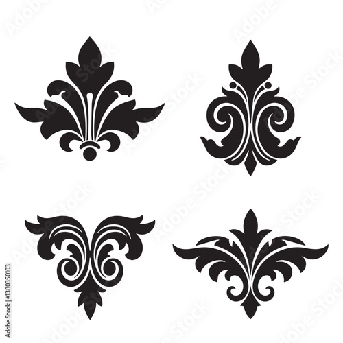 Floral swirl calligraphic ornament flower shape star leaf heart shaped bell silhouette icon set for premium artistic projects
