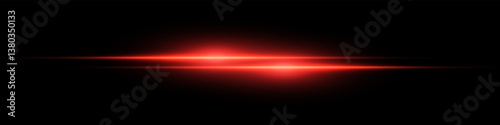 Bright horizontal beam of light on black background. Glowing laser effect creating futuristic and sci-fi aesthetics. Suitable for technology, energy, speed and digital design themes.