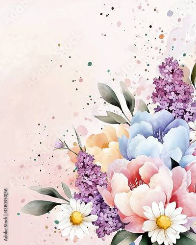 Soft and Dreamy Floral Watercolor Illustration with Lilacs, Peonies, and Daisies in Pastel Shades on a Blush Pink Background, Creating a Peaceful Springtime Feel

 photo