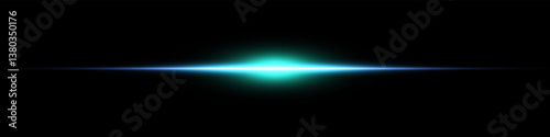 Bright horizontal beam of light on black background. Glowing laser effect creating futuristic and sci-fi aesthetics. Suitable for technology, energy, speed and digital design themes.