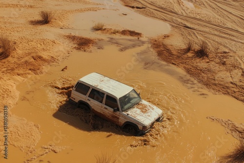 A vehicle stuck in deep quicksand in a desolate desert, with the driver trying to dig it out