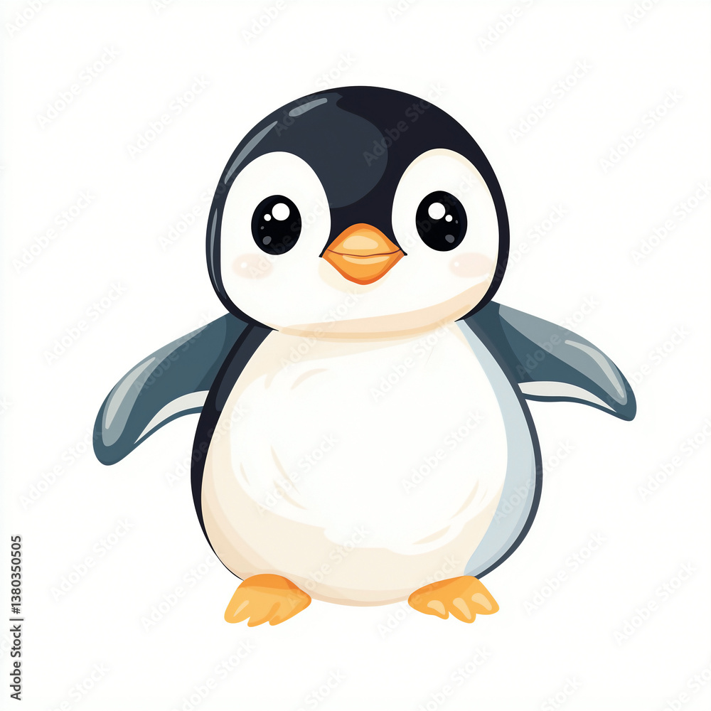 Obraz premium Cute and Minimalistic Clip Art for International Penguin Day, Featuring a Playful Emperor Penguin Chick Sitting on an Ice Floe with Tiny Feet Peeking from Under its Fluffy Belly
