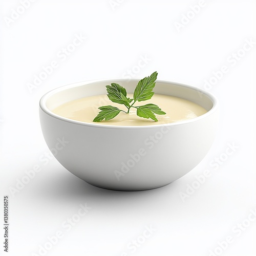 Creamy soup in a white bowl, garnished with fresh parsley. Simple, elegant, and delicious! photo