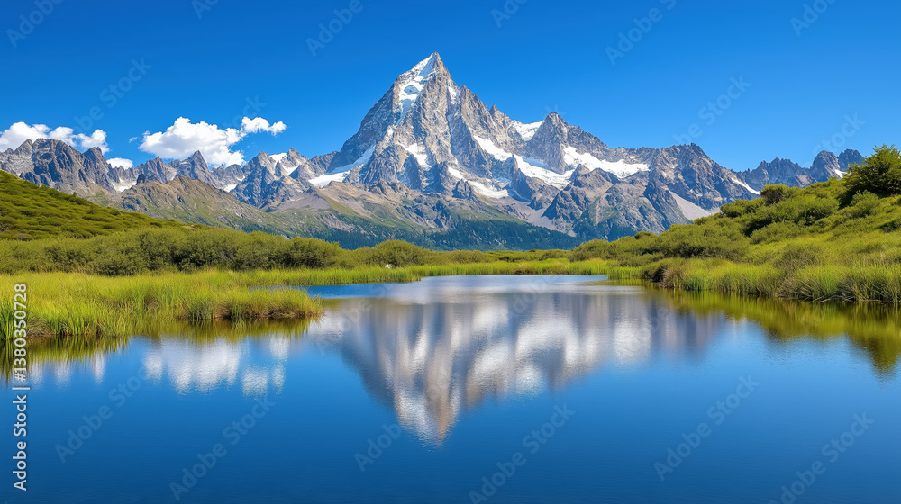 Majestic mountain reflected in a serene lake in summer Majestic mountain reflected in a serene lake in summer