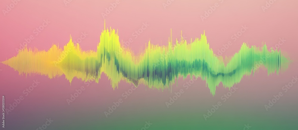 Fototapeta premium A vibrant sound wave chart in shades of green and yellow, floating against a gradient background of pink and gray