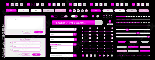 Black purple 3d ui user interface webpage phone app button template vector design. Creative web application elements icons illustration set. 