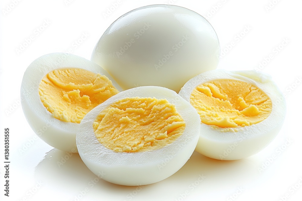 Hard boiled eggs displayed on a clean white surface showcasing their soft yellow centers and smooth white shells Hard boiled eggs displayed on a clean white surface showcasing their soft yellow centers and smooth white shells