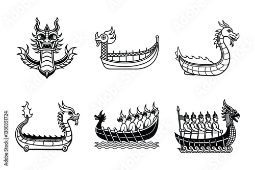 "Viking Dragon Ship Illustrations - Nordic Long ships and Mythical Sea Creatures"