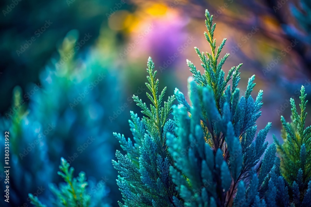 Obraz premium Italian Cypress Tree, Cupressus Sempervirens Stricta, Dark Green Leaves, Blurred Background, Nature Photography