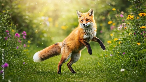 fox in the grass with many fireflies