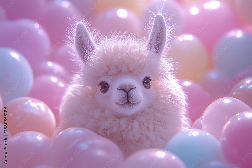 Fototapeta premium Fluffy Alpaca Amidst Pastel Balloons: A Dreamy, Soft Scene