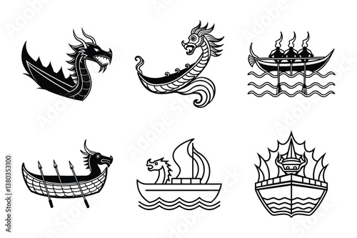 "Viking Dragon Ship Nordic Maritime Illustrations - Legendary Sea Creatures and Long ships"