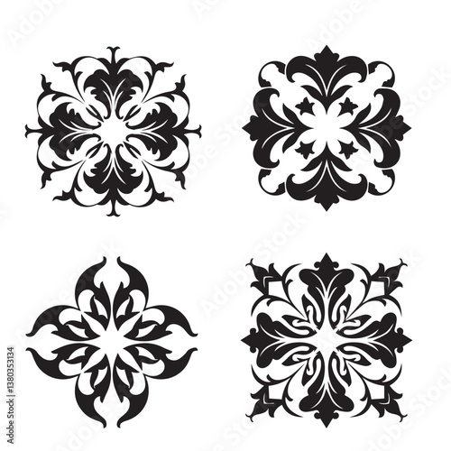 Vintage calligraphic flower shape star leaf swirl ornament heart shaped bell silhouette icon set for unique artistic expressions

