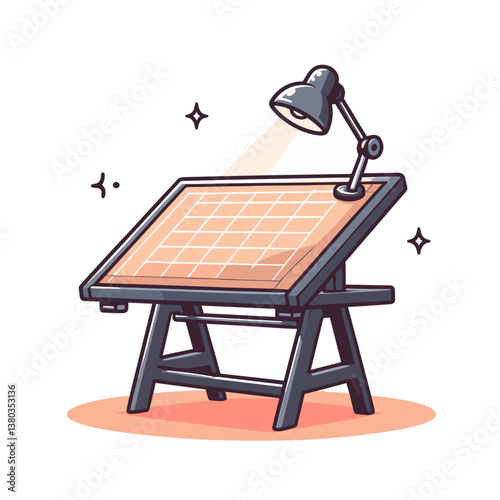 Vector illustration of drafting table with grid surface and desk lamp. Perfect for architecture studio branding or design workshop promotion.