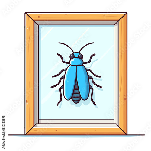 Vector framed blue beetle insect specimen in wooden frame. Perfect for entomology collections, biological science displays and natural history exhibition illustrations.
