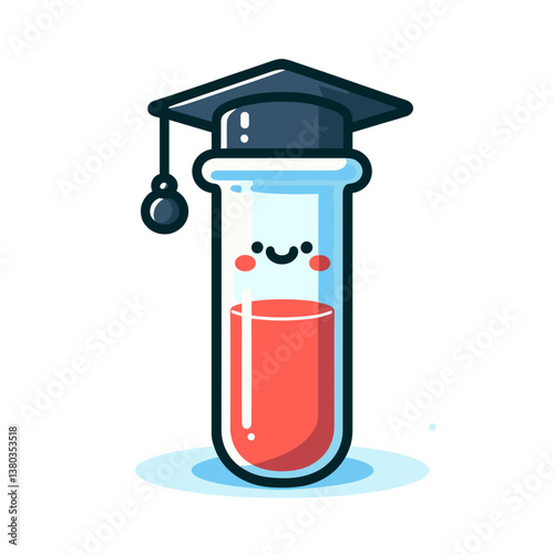 Vector test tube character with graduation cap and red liquid. Ideal for educational science programs, laboratory research and chemistry learning materials.