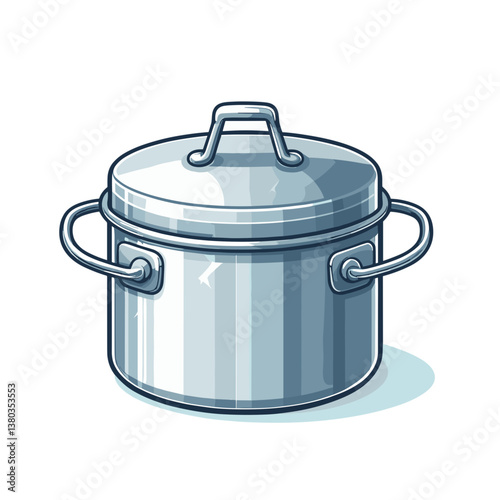 Vector stainless steel cooking pot with lid and handles in metallic finish. Perfect for kitchenware catalogs, culinary equipment and professional cooking illustrations.