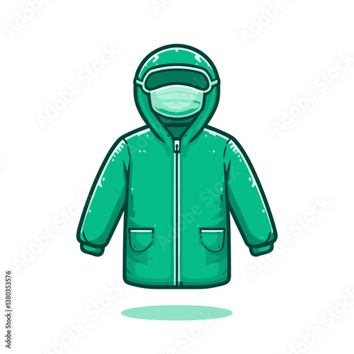 Vector green raincoat jacket with hood in waterproof style. Perfect for outdoor clothing catalogs, rainy season collections and weather protection apparel marketing.