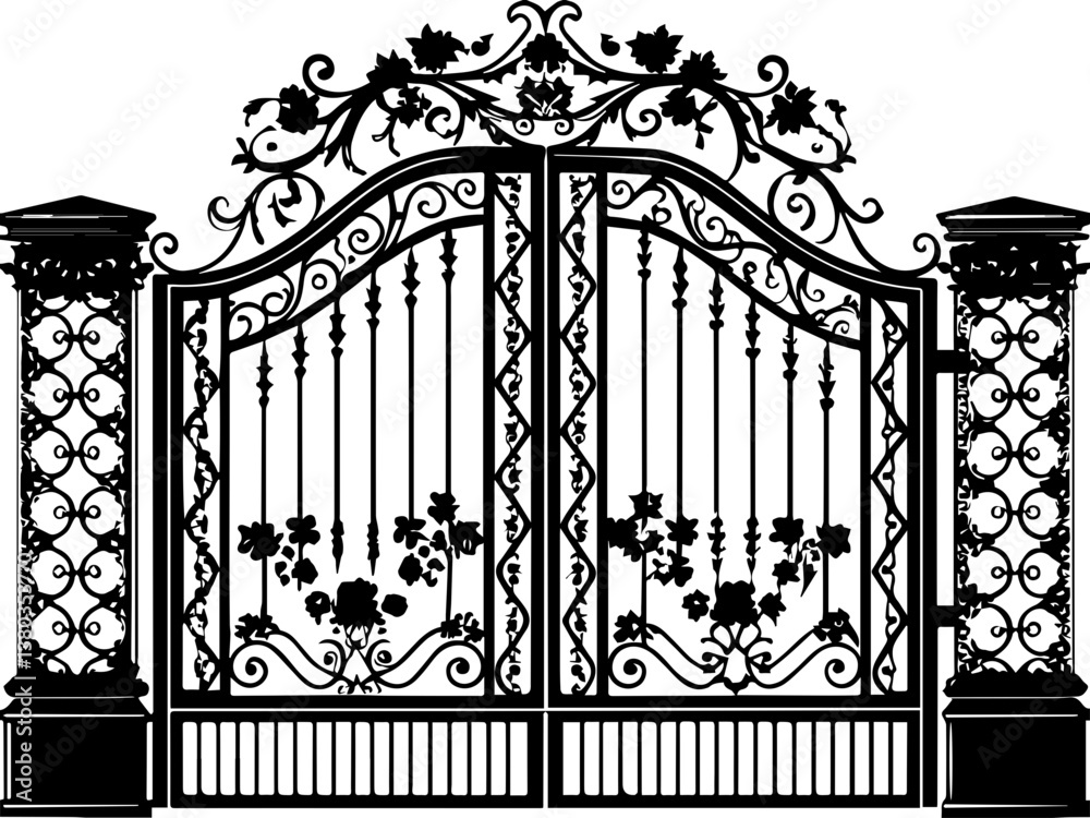 Nature-inspired Baroque wrought iron gates in SVG vector format. Ornate Iron Gate with Floral Design and Decorative Patterns Nature-inspired Baroque wrought iron gates in SVG vector format. Ornate Iron Gate with Floral Design and Decorative Patterns