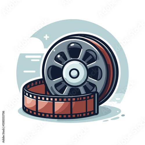 Film reel with strip of movie film in classic style. Perfect for cinema events, film festival promotions, and movie industry related content.