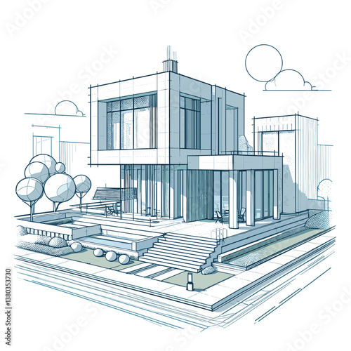Modern minimalist house architectural sketch in blue tones with landscaping. Perfect for real estate marketing, architectural services, and modern home design inspiration.