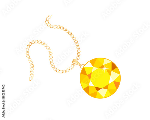Gold chain with yellow round gem pendant. Vector cartoon flat illustration of jewelry. 