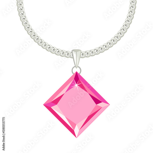 Silver chain with pink sapphire pendant isolated on white background. Vector cartoon illustration of jewelry.
