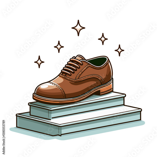Brown leather oxford shoe on stack of books with sparkle effect. Perfect for men's fashion, business attire catalogs, and professional style guides.