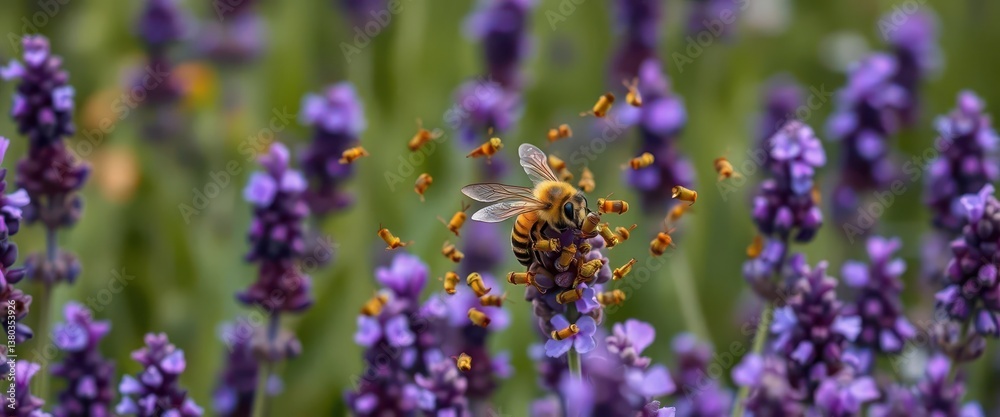 Fototapeta premium Golden bee swarm encircling vibrant purple lavender field, vibrant, bloom