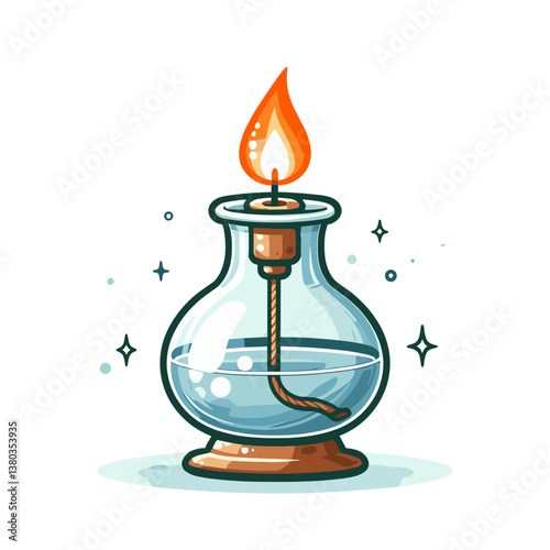 Glass oil lamp with flame in vintage style with sparkle effects. Perfect for ancient history illustrations, antique collector blogs, and historical home decor content.