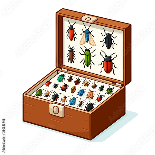 Wooden insect collection box with pinned colorful beetles in display case. Perfect for entomology studies, natural history museums, and scientific collection illustrations.
