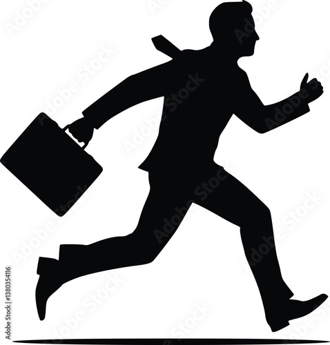 Silhouette of a businessman running with a briefcase, dynamic motion emphasizing urgency and fast-paced corporate life
