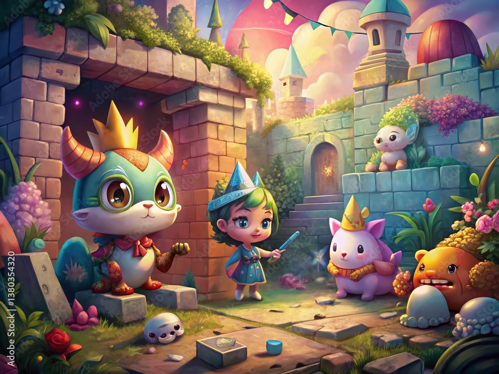 Naklejka premium Kawaii Fairy Tale Characters: Princess, Prince, Unicorn & Dragon - Cute Baby Illustration