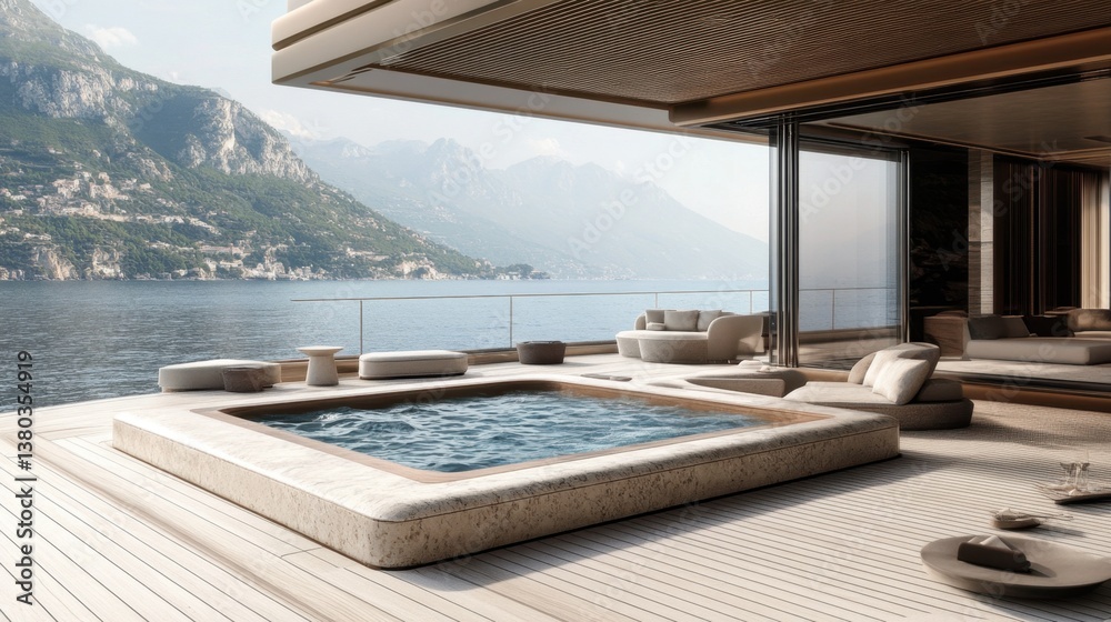 Fototapeta premium A luxurious cruise ship suite with an open-air terrace and a private jacuzzi overlooking the ocean.