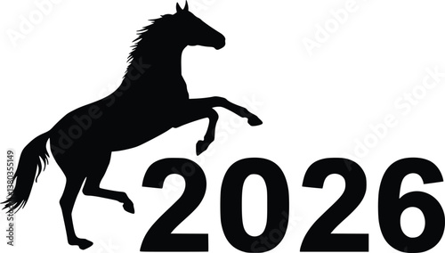 Silhouette of a rearing horse above bold 2026 typography
