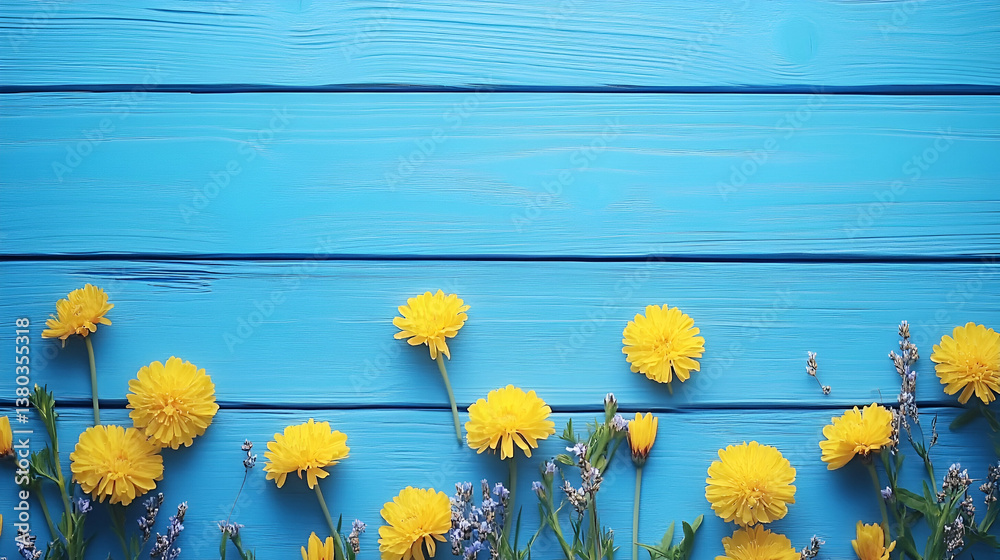 Obraz premium Yellow flowers on blue wood background, spring