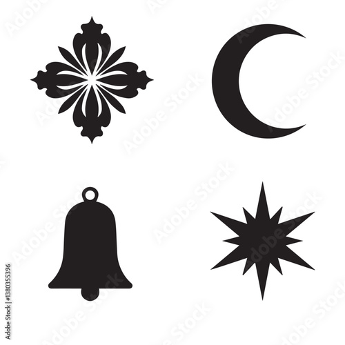 Winter festival flower shape star leaf swirl calligraphic ornament heart shaped bell silhouette icon set for seasonal greeting cards
