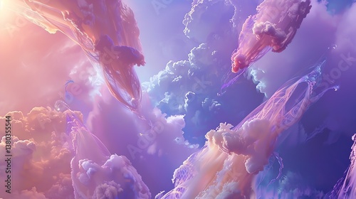 Dreamy ethereal cloudscape with jellyfish-like ethereal beings.