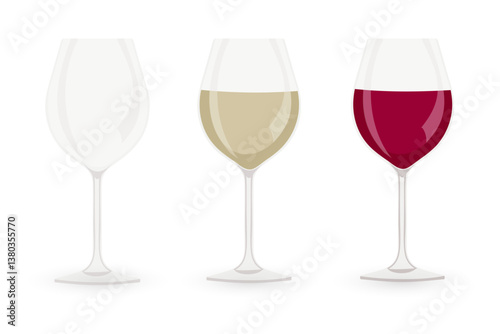 Three transparent glasses for wine. Realistic Vector Illustration of a Glass Set Featuring Different Types of Wine Glasses in Various Colors and Designs